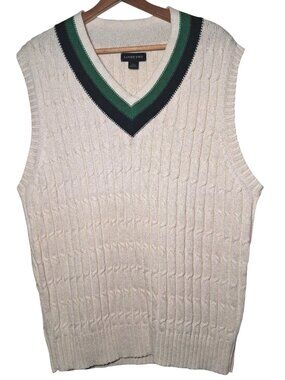 Lands End Sweater Vest Men L V Neck Cable Knit Academia Preppy Ivory Linen Blend